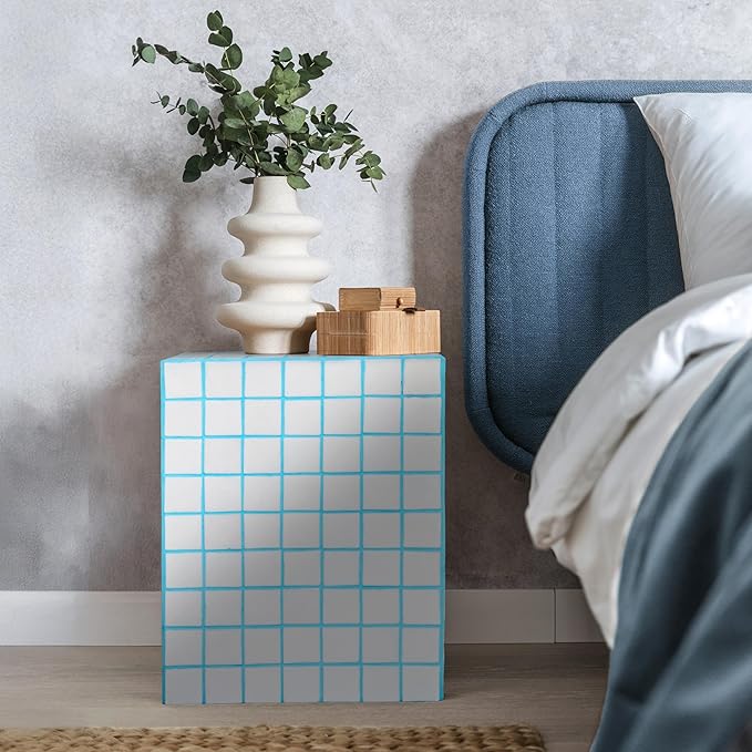 JONATHAN Y END2000E Callista 18" Modern Bohemian Ceramic Tiled Rectangle End Table, Side Table, Accent Table for Living Room, Bedroom, White/Neon Blue