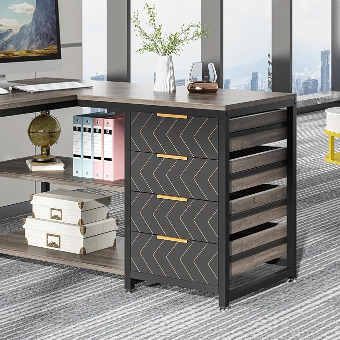 Tribesigns L Shaped Computer Desk with Storage Drawers, 59 inch Corner Desk with Shelves, Reversible L-Shaped Office Desk Writing Table Workstation for Home Office, Grey