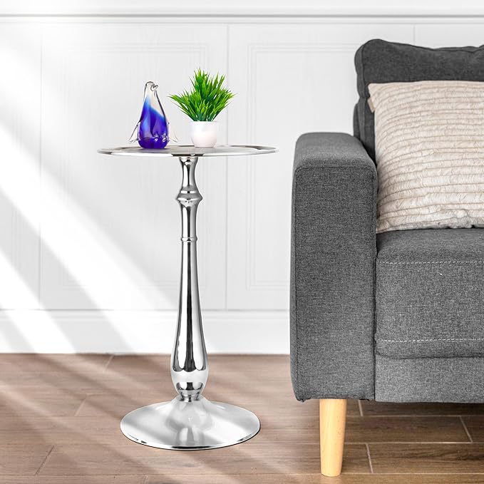 CLEENTABLE Farmhouse Pedestal Round End Table - End Table for Indoor Use - Modern Lightweight Metal Accent Side Table for Small Spaces, Nightstand, Bedroom, Living Room, Office, Balcony 21"(Silver)