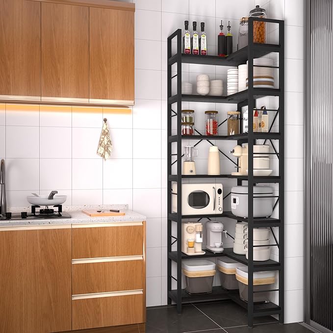 7-Tier Corner Bookshelf, Reversible Wooden Shelves, Industrial Bookcase with Open Shelves and Sturdy Metal Frame, Display Shelf Storage Rack for Living Room, Bedroom, Home Office (Black)