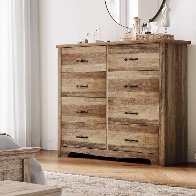 LINSY HOME 8 Drawers Dresser for Bedroom, 47" Wide Wood Dressers & Chests of Drawers, 40" Tall Modern Farmhouse Storage Dresser with Antique Handles for Closet, Living Room, Hallway, Rustic Brown