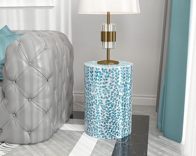 PEMAR Mother of Pearl Inlaid Cylinder Drum End Table Nacre Capiz Shell Side Table Stool Round Coffee Bedside Accent Nightstand and Vanity Stool (Teal Floral)