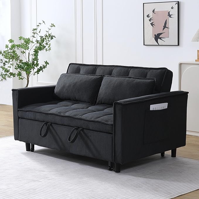 Ball & Cast Convertible Sleeper Sofa Bed,Convertible Pull Out Couch with 2 Pillows,Adjustable Backrest & Side Pocket,Loveseat Futon Sofa Bed for Living Room,Apartment,Corduroy Fabric,Dark Gray,54"