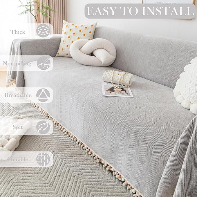 HANDONTIME Grey Sofa Cover for 3 Seat Couch - Boho Couch Cover - Light Grey Tassel Chenille Herringbone Sofa Covers - 91" X150" Sectional Cover
