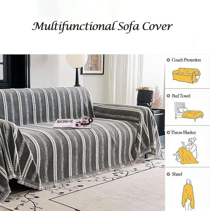 Couch Cover for Dogs Washable Sofa Cover, Sectional Couch Covers, Sofa Covers for 2 Cushion Couch, Non Slip Stripe Sofa Slipcovers Furniture Protector, Couch Protector from Cat Claws, Grey,75''x102''