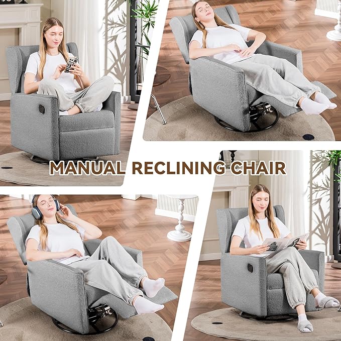 COMHOMA Nursery Rocking Chair Teddy Upholstered Swivel Rocker Recliner Manual Glider Reclining Chair for Living Room Bedroom Offices (Grey, 1 PCS)