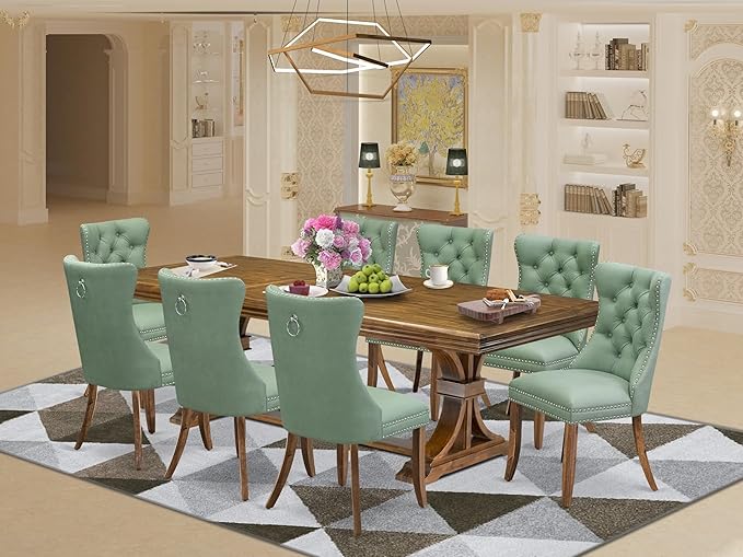 NEDA9-AWA-22 9-Piece Modern Dining Table Set Consists of a Kitchen Table and 8 Willow Green Polyester Dining Chairs with Button Tufted Back, 44x100 Inch, Antique Walnut