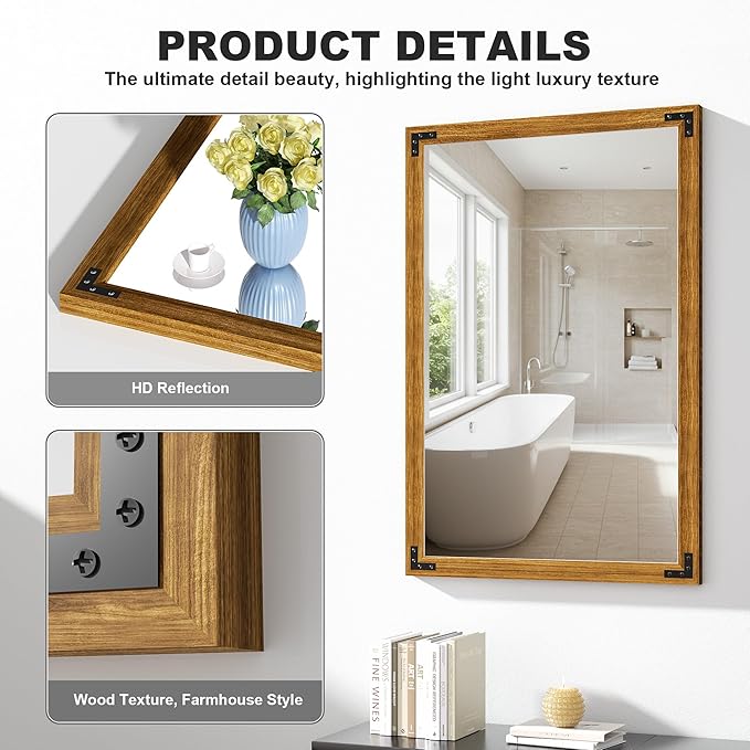 Hasipu Farmhouse Bathroom Mirror, 24"x36" Rustic Wood Framed Wall Mounted Mirror, Walnut Vintage Vanity Mirror Modern Farmhouse Style Decrative Mirrors