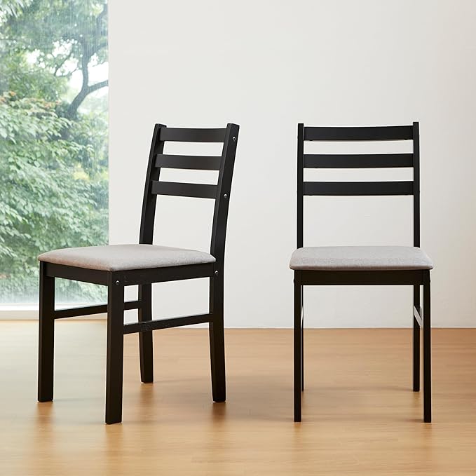 Livinia Seattle Modern Farmhouse Kitchen Dining Room Chair Set of 2, Solid Wood Fabric Upholstered Cushion Seat Wood Ladder Back Chairs (Black)
