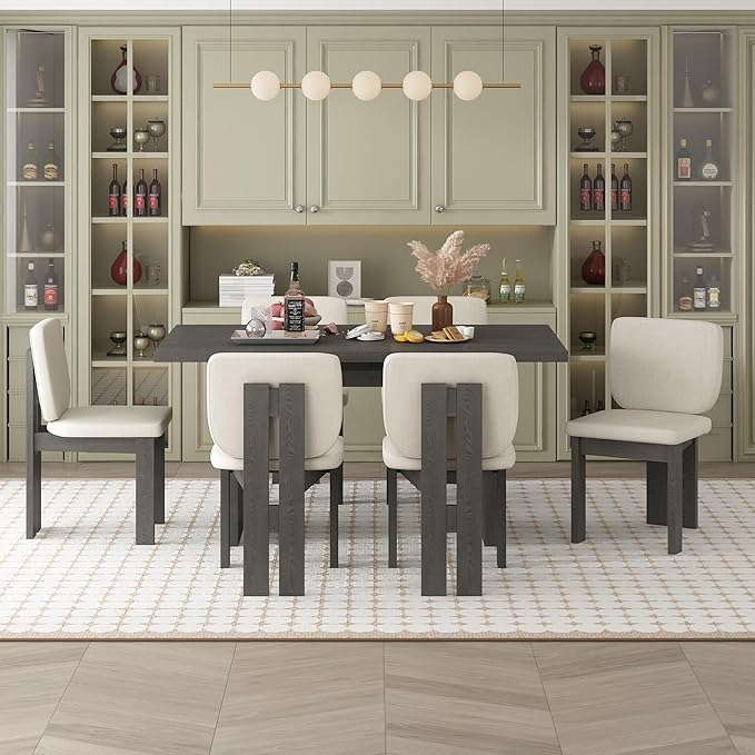 Ball & Cast 7-Piece Dining Table Set for 6 People, 59" Wood Dining Kitchen Table & Chairs Set, Dining Room Table with Trestle Base and 6 Upholstered Chairs, Perfect for Dining Room,Grey