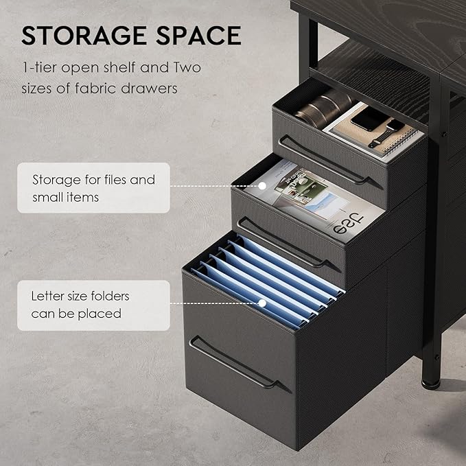 Ｍａｉｈａｉｌ Maihail Small Desk with Drawers, 40 inch Computer Desk with Shelves, Writing Desk with Storage, Small Office Desk with Metal Frame, Black