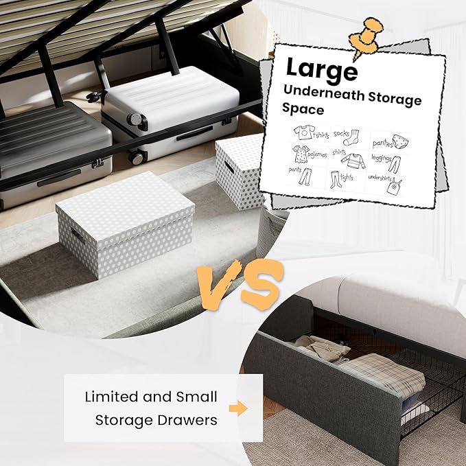 SHA CERLIN King Size Lift Up Storage Bed/Modern Wingback Headboard/Upholstered Platform Bed Frame/Hydraulic Storage/No Box Spring Needed/Wood Slats Support/Dark Grey