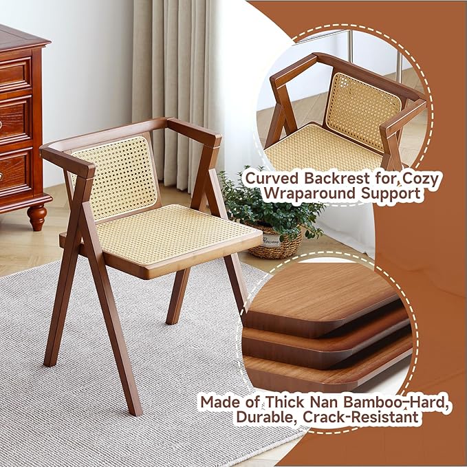 Rattan Dining Chairs Set of 2, Mid-Century Accent Armchair, Wicker Chair, Outdoor Bamboo Chair for Dining Room, Living Room, Bedroom, Kitchen, Walnut