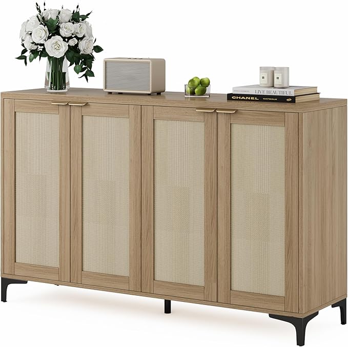 Sideboard - Buffet Cabinet with Storage, Rattan Storage with 4 Doors and Adjustable Shelves, Accent with Metal Feet, Sideboard Cabinet for Living Room (Natural)