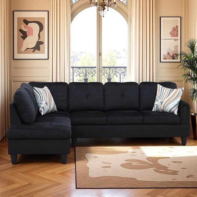 Modular L-Shaped Sectional Sofa, Modern Couches with Movable Chaise, Convertible 4-Seater Couch for Bedroom, Apartment & Office, Black