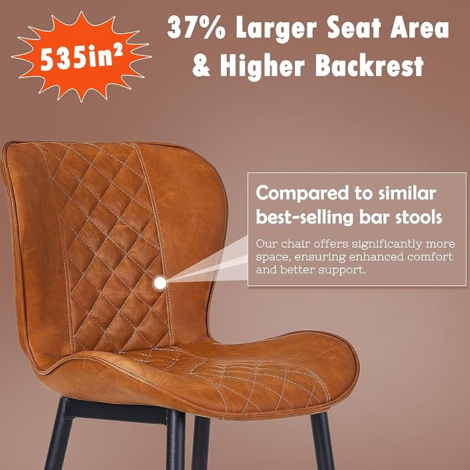 VECELO Quilted Bar Stools Set of 2, Bar Height Bar Stools with Back & Footrest, PU Leather with Stitching, Mid-Century Modern, 100% Virgin Cotton, 30" Tall, for Kitchen Home Bar, Caramel Brown