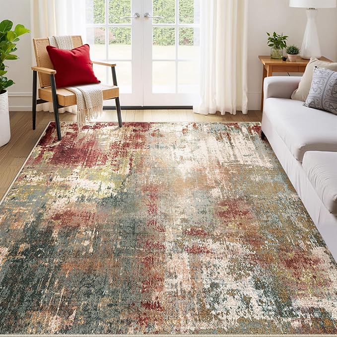Washable Area Rugs 9'x12' Non-Slip Modern Abstract Soft for Living Room Entryway Bedroom Nursery, Print Pattern, Brown Rust Red Multi