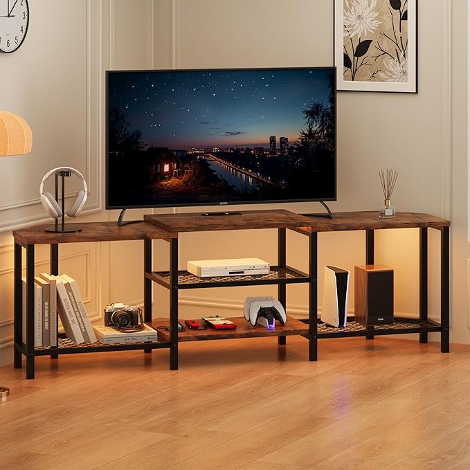 GarveeHome 67 Inch Large TV Stand with LED Lights for 55/65/75 Inch TV, Corner Entertainment Center with Power Outlets, 4 Open Storage Shelves, Media Console for Living Room, Bedroom, Vintage Brown