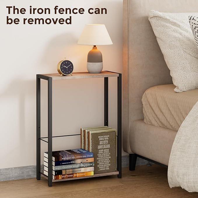 Narrow Side Table with Magazine Holder, Skinny End Table Perfect for Small Spaces, Space-Saving Design for Living Room, Bedroom, or Office, 7.1" D x 16.9" W x 23.6" H, Greige