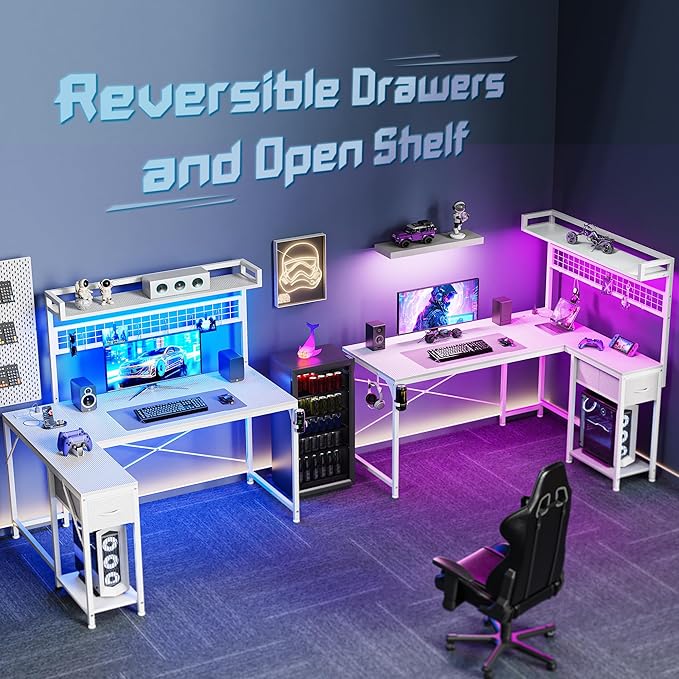 PRAISUN L Shaped Gaming Desk with Shelves, Corner Computer Table with LED Lights, Power Outlets and USB-C Ports, 50 Inch Reversible Home Office Desk with Storage Drawer, for Work and Study, White