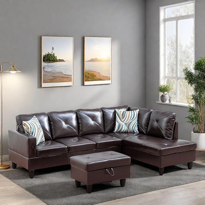 L Shaped Sectional Couches, Modern Modular Sectional Sofa for Living Room Bedroom Furniture, Cozy 4 Seat Couch with Ottoman Storage & Chaise, Brown