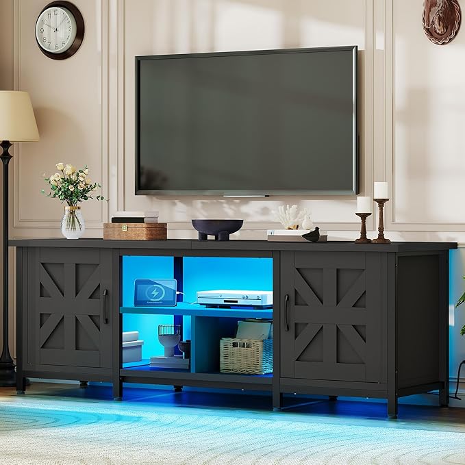YITAHOME TV Stand with LED Lights & Charging Station, Farmhouse Entertainment Center with Storage Cabinets & Shelves, Cross-Pattern Doors, Fits TVs up to 70'', TV Consoles for Living Room, Black