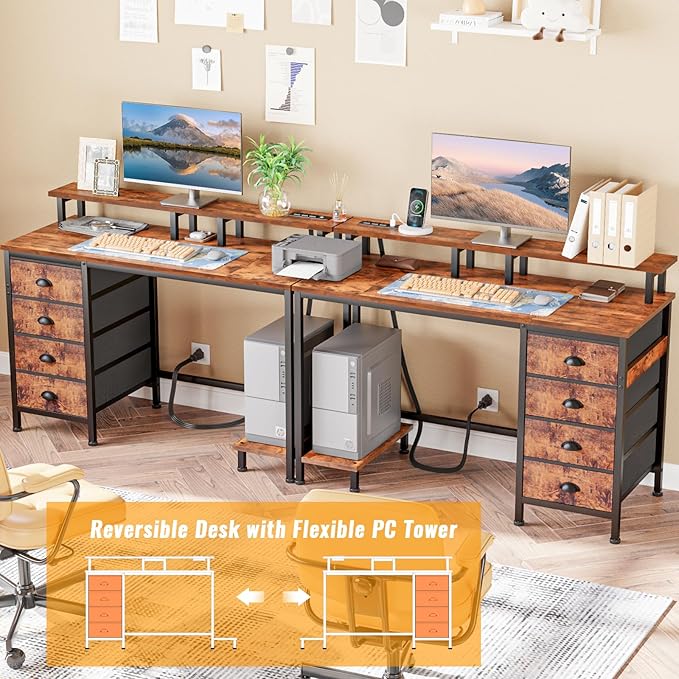 Furologee 47" Computer Desk with 4 Fabric Drawers & Monitor Stand, Gaming Desk with Power Outlets - LED Lights, Home Office Space-Saving Study Table for Bedroom Small Spaces (Rustic Brown)