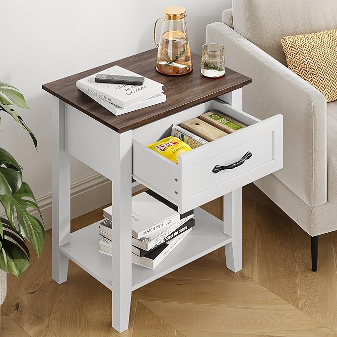 IDEALHOUSE Nightstand, End Table with Drawer, Side Table for Spaces, 2 Tiers Storage Shelves with Dresser, Bedside Table for Living Room, Bedroom, Dorm (White)