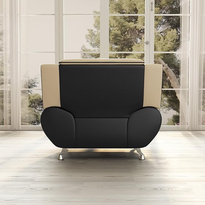 Container Furniture Direct Michael Modern Faux Leather Upholstered Stainless Steel Legs Living Room, Chair, Black Camel
