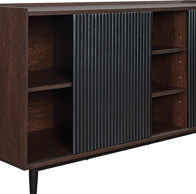 Manhattan Comfort Duane 59-Inch Ribbed Mid Century Modern Sideboard, Versatile Dining & Living Room Buffet Table with 3 Adjustable Center Shelves & 2 Side Cabinets, Set of 3, Black
