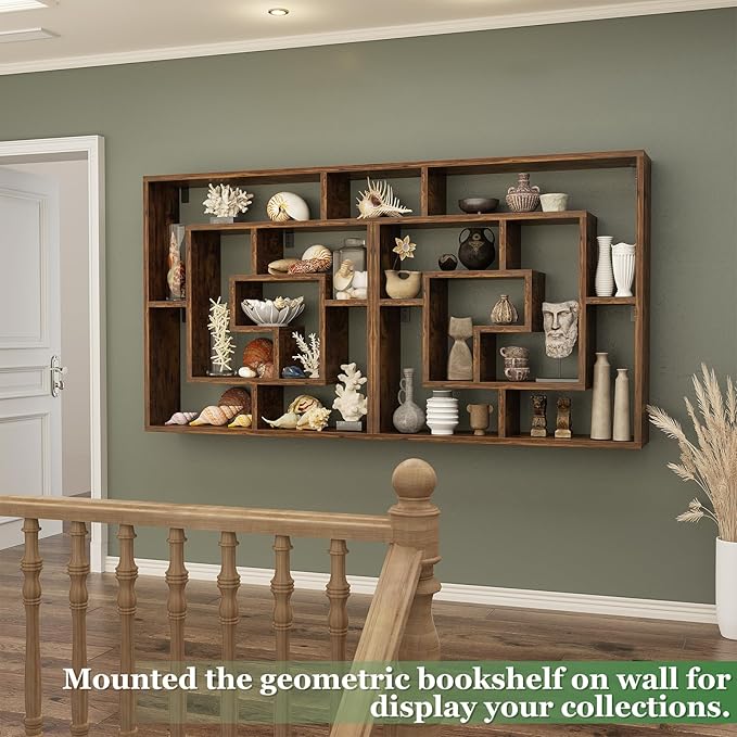 armocity 6 Tier Display Book Shelf Wall Mounted Bookshelf Freestanding Geometric Bookcase Floating Book Shelves for Wall Bedroom Living Room Home Office, 45.5"(W) * 47"(H), Rustic Brown
