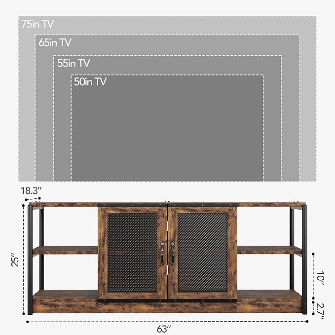 GarveeHome Farmhouse TV Stand for 65/75 inch TV, Entertainment Center with Storage Cabinet, Industrial TV Console Cabinet with Mesh Doors, 63" Rustic TV Media Console Table for Living Room, Vintage