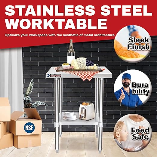 DuraSteel 24x24 Stainless Steel Prep Table - NSF Commercial Outdoor Grill Worktable - Metal Side Mixer Stand with Under Shelf - For Laundry Room, Kitchen, Small Spaces