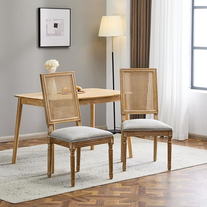 Merax Upholstered Solid Wood Dining Chairs Set of 2, French Country Style Accent Side Seating Furniture for Kitchen, Living Room, Wicker Back, Grayish Green
