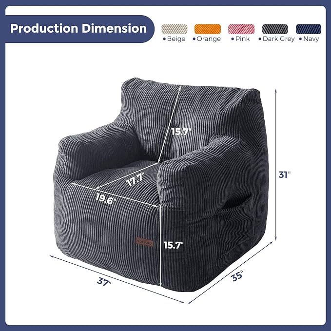 MAXYOYO Bean Bag Chair, Tufted Bean Bag Couch Lazy Chair, Living Room Sofa Couch with Filler for Adult Teens Kids, Corded Fabric Accent Sofa for Bedroom Dorm, Dark Grey