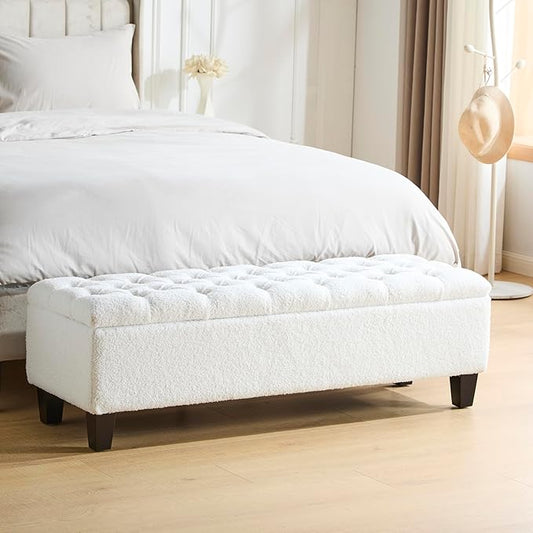 Christopher Knight Home Ottilie Boucle Fabric Storage Ottoman Bench, Wooden Rectangular Ottoman with Storage, Bedroom End of Bed Foot Stool, Entryway Ottoman Footrest, Living Room Extra Seat, Beige
