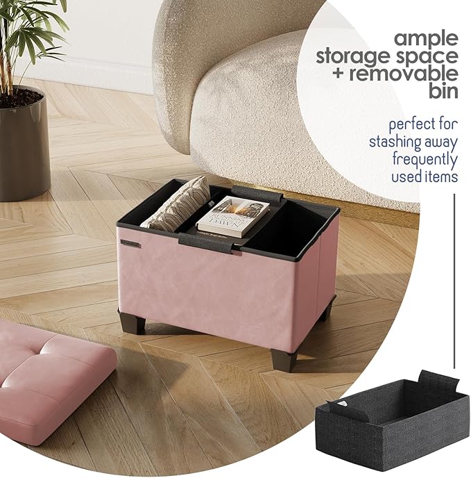 STORAGEBUD Storage Ottoman Cube with Small Bin, 16-in Square Ottoman with Storage for Living Room and Bedroom, Small Ottomans Foot Rest, Faux Leather Foot Stools Ottomans Max 330lbs, Pink
