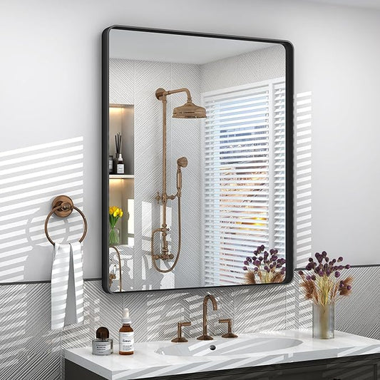 24x32 Inch Black Framed Bathroom Mirror for Wall, Matte Black Metal Wall Mirror, Black Rectangle Vanity Mirror, Tempered Glass, Anti-Rust, Hangs Vertically or Horizontally