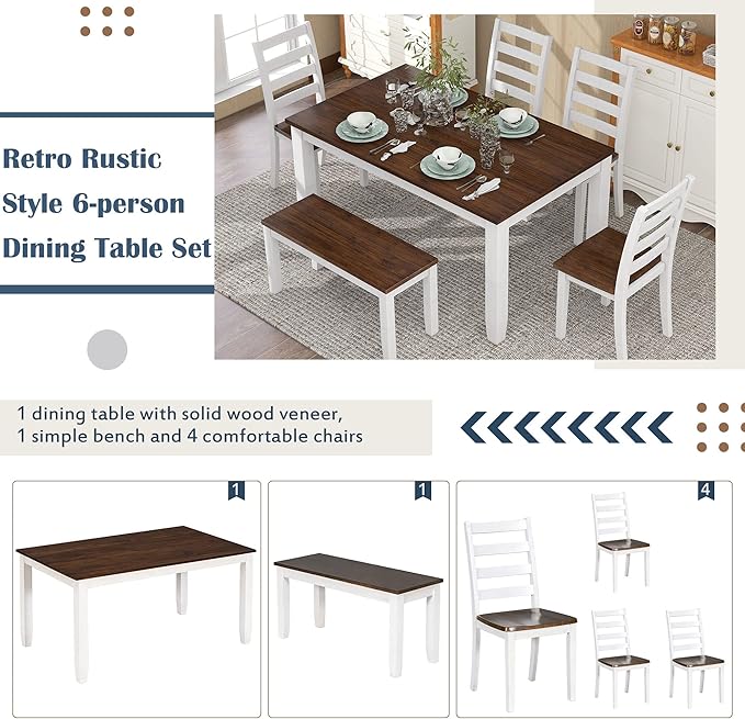 Ball & Cast 6 Piece Dining Table Set with 4 Upholstered Chairs & 1 Bench,Wooden Living Room Furniture W/ 60" Rectangle Kitchen Desk,for Restaurant,Home Bistro，Walnut + Cottage White