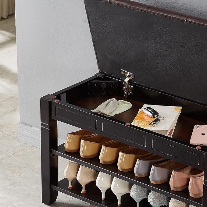 Shoe Storage Bench, Entryway Shoe Rack with Fiberleather Seat 2-Tier Lift Top Organizer Wooden Shoe Bench for Entryway Hallway Living Room (Black 39.4x13.8x18.9'')