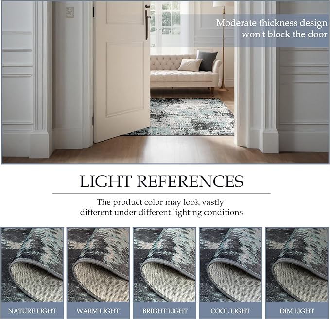 Washable Area Rugs 9'x12' Non-Slip Modern Abstract Soft for Living Room Entryway Bedroom Nursery, Print Pattern, Blue Black Teal