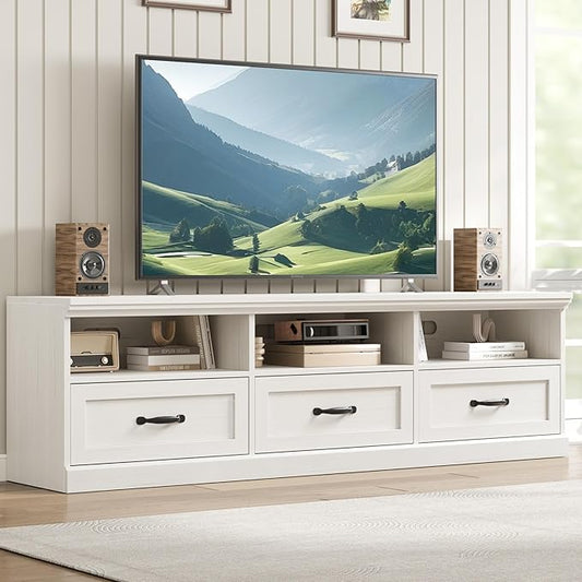 GarveeHome TV Stand for 65/70/75 Inch TV, Entertainment Center with Storage Drawer, Mid-Century Modern TV Console with Open Shelves, 70in Media TV Cabinet for Living Room, Bedroom, Antique White