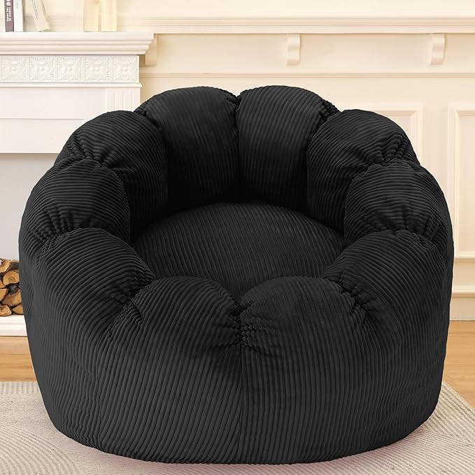HABUTWAY Giant Bean Bag Chair for Adults/Kids/Teens, Pumpkin Bean Bag Couch Comfy Reading Chair for Bedroom, Corduroy Lazy Sofa Loughe Chair with Wider Seat Depth & Non-Slip Bottom (Black)