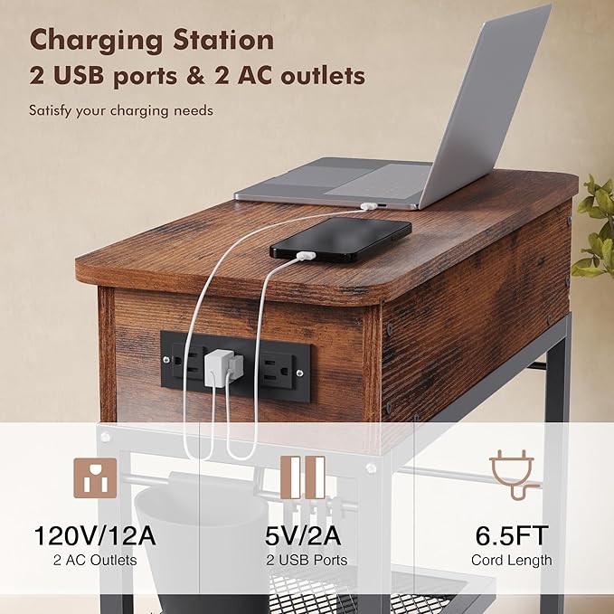 Colima Lift Top End Table with Charging Station and Wheels, Sofa Side Table with USB Port & AC Outlets, Movable Bedside Nightstand with Side Bag for Office Living Room Bedroom(Rustic Wood)