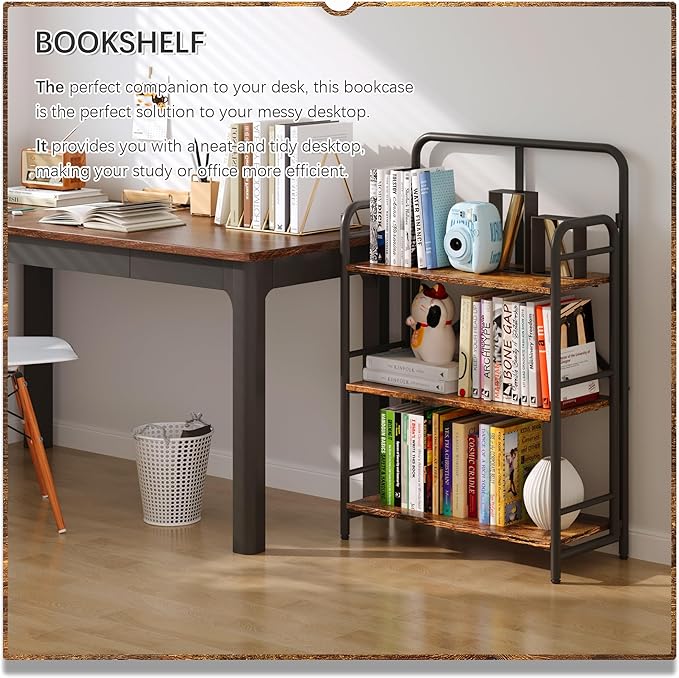 4NM No Assembly Folding Bookshelf 3 Tiers Vintage Industrial Black Book Shelf Metal Foldable Storage Bookcase and Bookshelves for Living Room,Bedroom and Kitchen - Rustic Brown