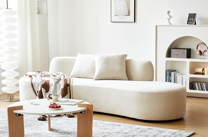 Container Furniture Direct 90" Curved Sofa with Throw Pillows, 4 Seater Luxury Velvet Couch with Half Moon Design and High-Density Foam, Ideal for Modern Living Room, Office & Apartment, Ivory