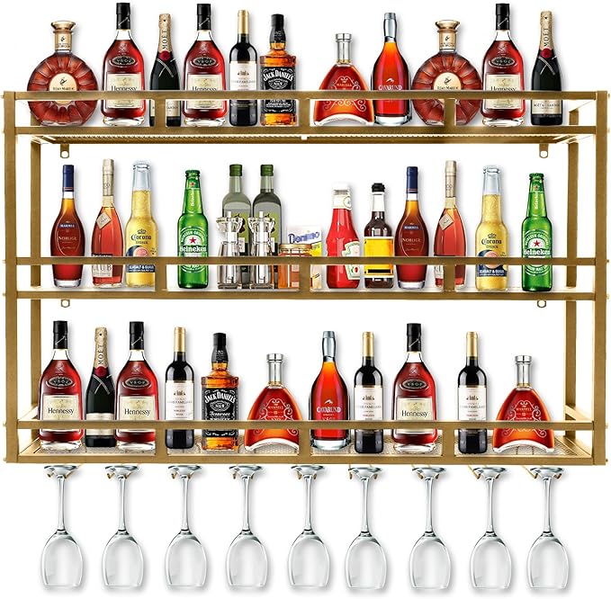 Metal Wine Rack Wall Mounted, Bar Shelves for Liquor Bottles with LED Light, 3 Tier Large Capacity Liquor Rack Wall Mounted with Glass Holder for Home Bar & Dining Room （Gold, 71in/180cm）