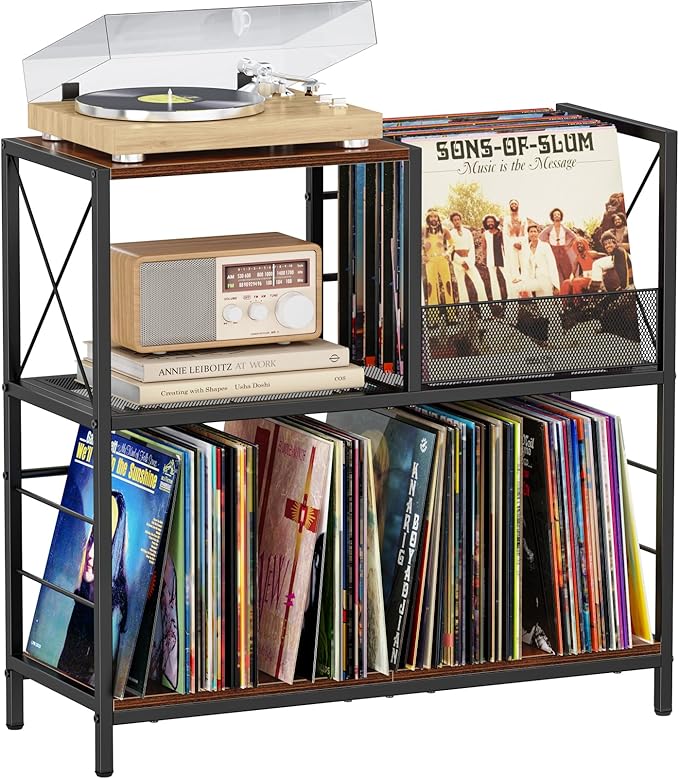 Snughome Large Vinyl Record Player Stand, Holds Up to 300 Albums, Wooden Record Display Table with 3 Adjustable Divider for Turntable Stand, Large Record Player Table Vinyl Album Storage