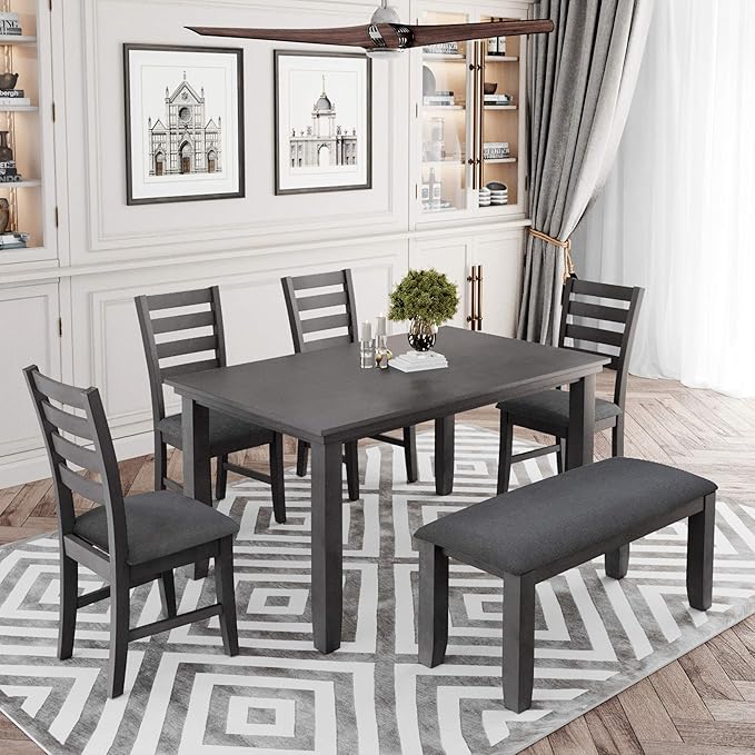 SogesPower 6-Piece Rustic Dining Table Set for 4-6,Rectangular Farmhouse Kitchen Table Set with 4 Chairs & 1 Bench for Dining Room Living Room,Gray