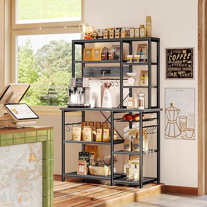 SUPERJARE Large Bakers Rack with Power Outlets, 6-Tier Microwave Stand, Coffee Bar with 12 S-Shaped Hooks, Kitchen Shelf with Wire Basket, 39.3 x 15.5 x 66.9 Inches, Charcoal Gray